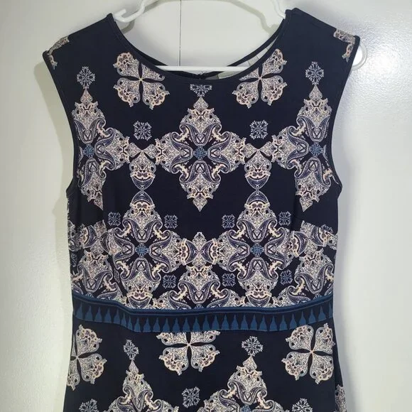 New York & Co Women's SZ S Fit and Flare Print Dress Pockets Navy Sleeveless - Picture 2 of 11